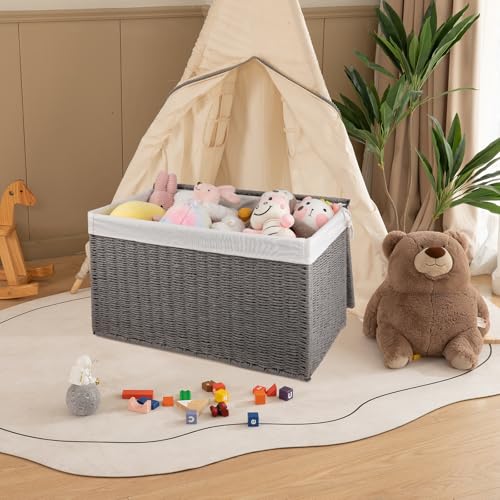 OIAHOMY Storage Basket with Lid, 27.7 Gallon (105L) Blanket Basket with Removable Separated Liner Bag, Paper Rope Hamper with Handle, Foldable, Shelf Basket for Living Room, Grey - color: Grey