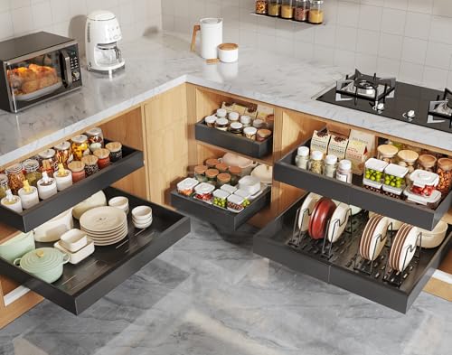 Seinloes 6 Pack Pull Out Cabinet Organizers 21" Deep With Raising Pad for Framed Cabinets, Expandable Slide Out Drawers with 4pcs Divider Racks, Roll Out Shelves, Adjustable Width 12"-20.45" Black - color: Black, size: 12"-20.45"Wide x 21"Deep(6 Pack)