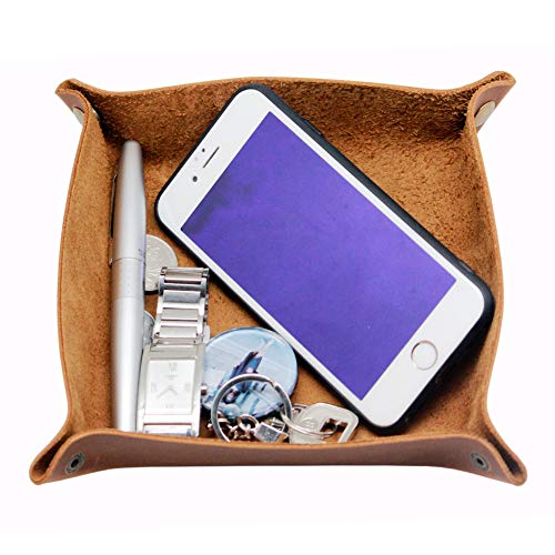 boshiho Valet Tray for Men, Leather Jewelry Catchall Key Phone Coin Box Change Caddy Bedside Storage Box (Crazy Horse Leather - Light Brown) - color: Crazy Horse Leather - Light Brown