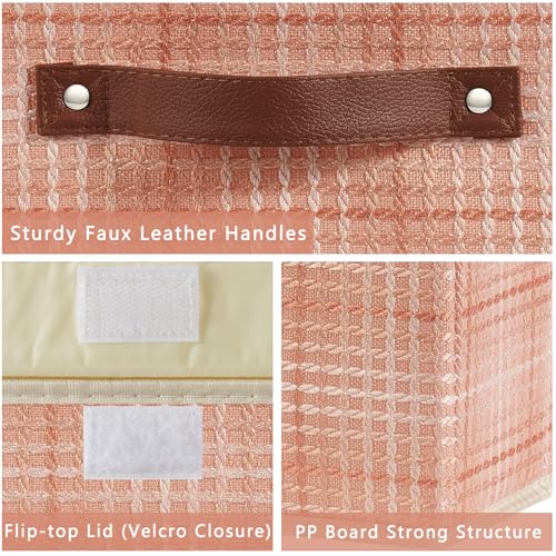 Storage Boxes with Lid 3D Textured Fabric Storage Bins Closet Organizer Containers Decorative Collapsible Washable Shelf Baskets with Faux Leather Handles (Light Salmon, Small Size) - color: Light Salmon (3D Textured), size: Small (Set of 1)