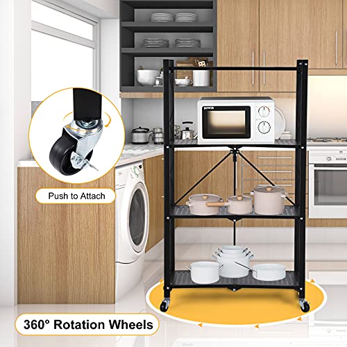 4-Tier Heavy Duty Foldable Metal Rack Storage Shelving Unit with Wheels Moving Easily Organizer Shelves Great for Garage Kitchen, Black - color: Black, size: 4-Tier