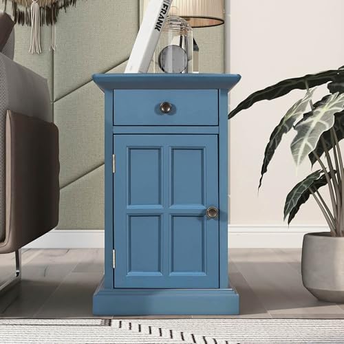 Multifunctional Classic Vintage End Table with USB Ports and 1 Drawer with Cup Holders, Sofa Side Bedside Nightstand Narrow Table for Living Room Bedroom (Antique Navy) - color: Antique Navy