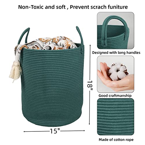XUANGUO Cotton Rope Laundry Basket Hamper for Clothes Woven Storage Basket for Living Room Bedroom Boho Tall Rope Baskets for Blanket Toys Pillow Towels Baby Nursery Hamper Bin Large dark green - color: dark green, size: Regular