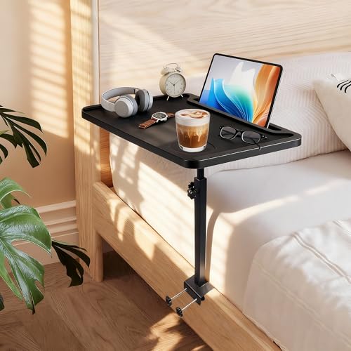 Adjustable Bedside Shelf for Bed, College Dorm Room Essentials, Bamboo Bed Side Tray Table with Sturdy Metal Pole, Clip On Nightstand Organizer for College, Apartment, Bunk Beds