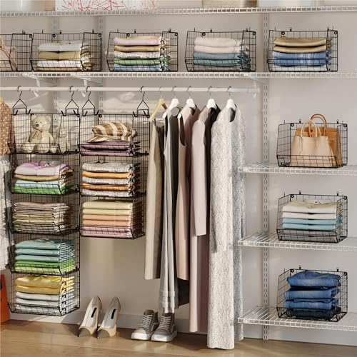 5 Tier Closet Hanging Organizer, Clothes Hanging Shelves with 4 Hanging Hooks 5 S Hooks, Wire Storage Basket Bins, for Clothing Sweaters Shoes Handbags Clutches Accessories Patent Design - color: Black