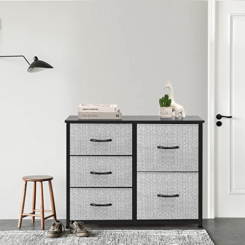 Storage Dresser Furniture Unit-Large Standing Organizer Chest for Bedroom, Office, Living Room, and Closet-5 Drawer Removable Fabric Bins, Grey with Black