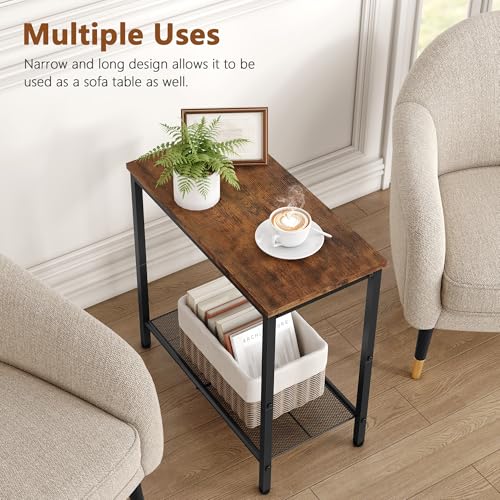 Hoctieon 2 Tier End Table, Sofa Side Table, Narrow Side Table with Storage, Slim Nightstand for Small Spaces, Metal Frame, for Living Room, Bedroom, Sofa Couch, Hall, Rustic Brown - color: Brown, size: 1 Pack