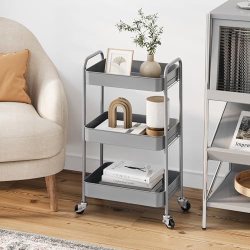 TOOLF 3-Tier Rolling Cart - Metal Utility Storage Organizer with Lockable Wheels, 33 lbs Per Shelf, Tool-Free 5-Min Assembly, for Kitchen Bathroom Office Nursery Craft Room, Grey - color: Grey, size: 3-Tier
