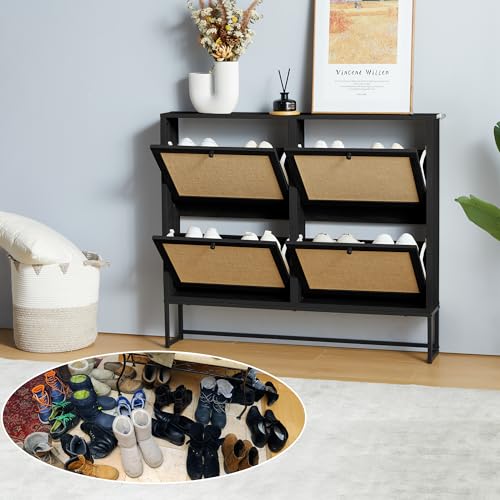 Shoe Cabinet, Shoe Storage Cabinet with 4 Flip Drawers, Freestanding Shoe Organizer Shoe Rack for Entryway, Hallway, Living Room (Black - 4 Tiers) - color: Black - 4 Tiers