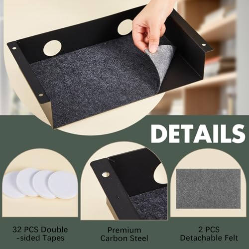 Yaocom 2 Pack Under Desk Hanging Shelf, Carbon Steel Storage Tray with Mute Felt Sheets, Mount Shelves Organizer for Office Home Workstation Gaming Desk Stand up(13x8x2.8 in/Storage Shelf,Black) - color: Black, size: 13x8x2.8 In