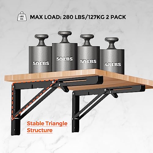 Ravinte 2 Pack 16 Inch Folding Shelf Brackets – Matte Black, Heavy Duty Collapsible Brackets for Tables and Benches – Space-Saving Design - size: 16 Inch