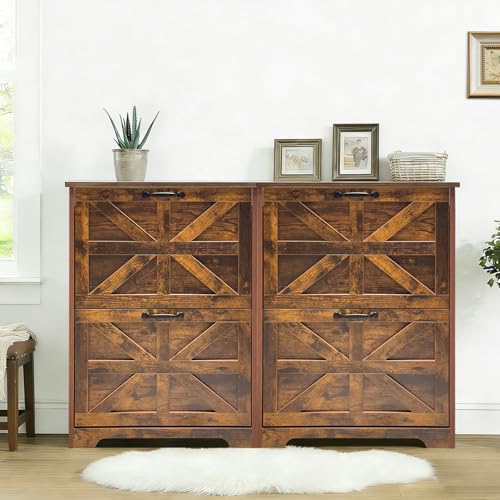 Shoe Storage Cabinet with 2 Flip Drawers, Farmhouse Shoe Organizer with Barn Door Design, Space-Saving Hidden Narrow Shoe Rack Cabinet for Entryway, Hallway & Foyer, Brown - color: Brown, size: 2 pcs-2 Flip Drawers