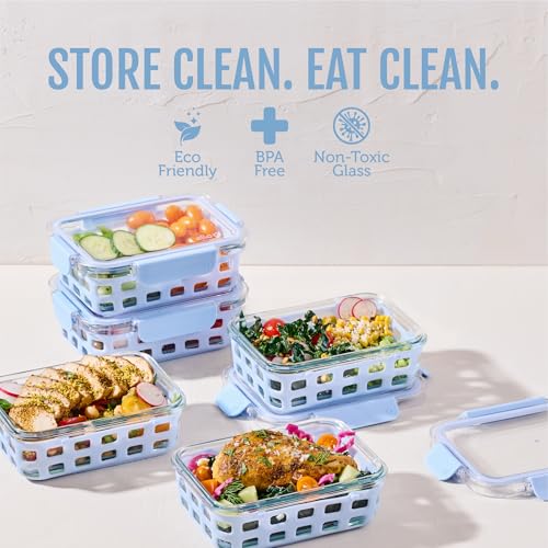 Ello Duraglass 3.4 Cup Meal Prep Sets 10Pc, 5 Pack Set- Glass Food Storage Container with Silicone Sleeve and Airtight BPA-Free Plastic Lids, Dishwasher, Microwave, and Freezer Safe, Halogen Blue - color: Halogen Blue with Sleeve, size: 3.4 Cup