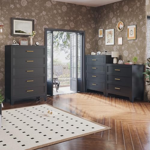 34.25" Tall Metal Dresser for Bedroom, 3 Drawer Black File Cabinet with Gold Handles, Dressers Chests with Fluted Panel, Vertical Drawer Storage Cabinet for Living Room, Entryway, Hallway - color: Black, style: Wide Style/3 Drawers