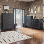 34.25" Tall Metal Dresser for Bedroom, 3 Drawer Black File Cabinet with Gold Handles, Dressers Chests with Fluted Panel, Vertical Drawer Storage Cabinet for Living Room, Entryway, Hallway - color: Black, style: Wide Style/3 Drawers