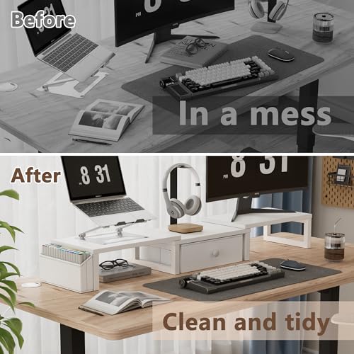 LAND·VOI Heavy Duty Dual Monitor Stand, Holds 2 Screens Up to 27 Inches, Adjustable Length and Angle Monitor Riser, Desk Organizer with Side Pockets and Drawers, Home Office Desk Storage, White - color: White, size: Separate-Type