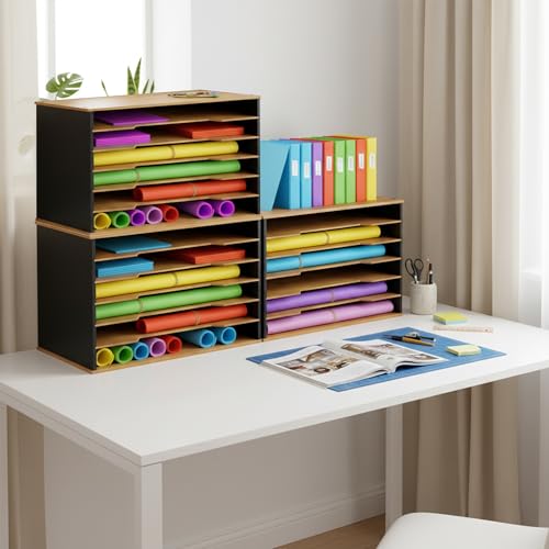 Wooden Paper Organizer 20.25"W x 12.25"H x 13.25"D, 6-Tier Storage for 12"x18" & 11"x17" Sheets, Includes Matching Pen Holder & Tray, Ideal for Office, Home, Art Room and Classroom - size: full set 20.25"W x 12.25"H x 13.25"D