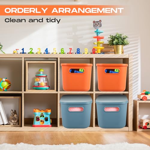 Hoolerry 8 Pieces Colorful Storage Bins with Lid, Plastic Storage Basket Organizing Container Stackable Box with Handle for Shelves Desktop Playroom Office(10.2 x 7 x 6.3 Inch,Blue and Orange) - color: Blue and Orange, size: 10.2 x 7 x 6.3 Inch