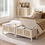 SICOTAS Rattan Shoe Rack Bench with Lift Top Storage: White Farmhouse Boho Shoe Cabinet Entryway Bench with Safety Hinges, Wooden Storage Chest for Bedroom, Entryway, Hallway, Living Room - color: White Cream Oak