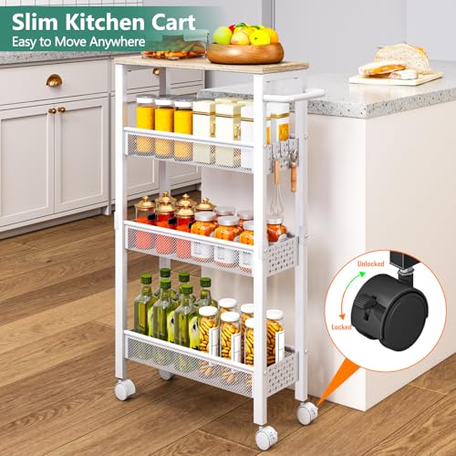 Vivihomety Utility Slim Storage Cart, 4 Tier Small Rolling Kitchen Laundry Room Cart with Wood Top, Metal Bathroom Storage Cabinet Mobile Shelf Unit Organizer Trolley with Handle for Narrow Space - color: White, size: 7.1 inch wide