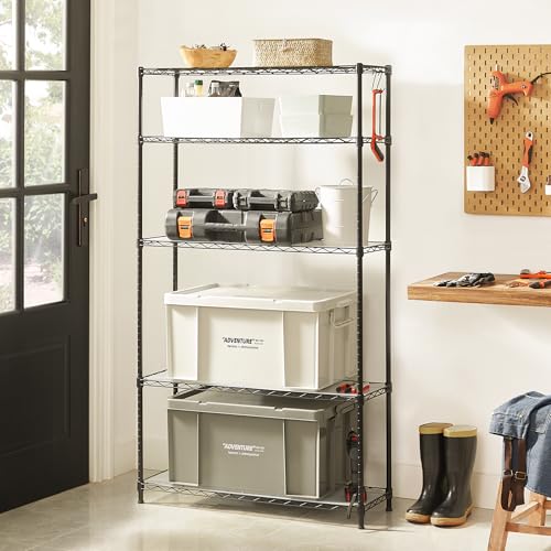 SONGMICS 5-Tier Storage Shelves, Wire Shelving Unit, Kitchen Metal Shelves, Storage Rack with Adjustable Shelves, Shelf Liners, 8 Hooks, for Garage, 11.8 x 35.4 x 63 Inches, Black ULGR095B01 - color: Ink Black, size: 5 Tiers (11.8"D x 35.4"W), style: With