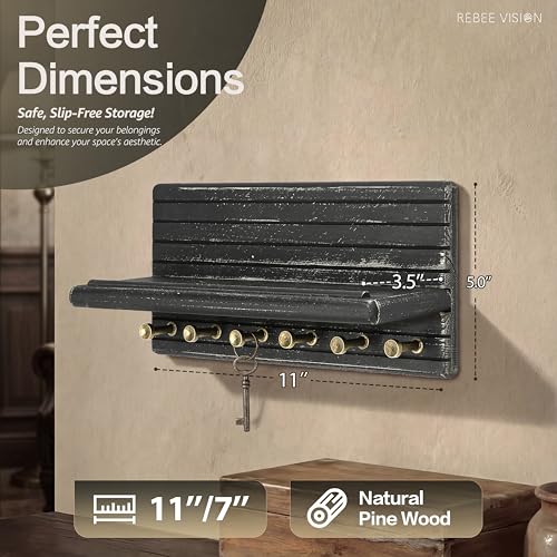 Rebee Vision Pine Wood Key Holder Wall Mount – Chic 11-Inch Key Holder for Wall with 6 Hooks & Floating Shelf - Elegant Hanging Shelf Accent for Rustic Farmhouse Home Decor (Old Black) - color: OldBlack, size: Medium-11inch