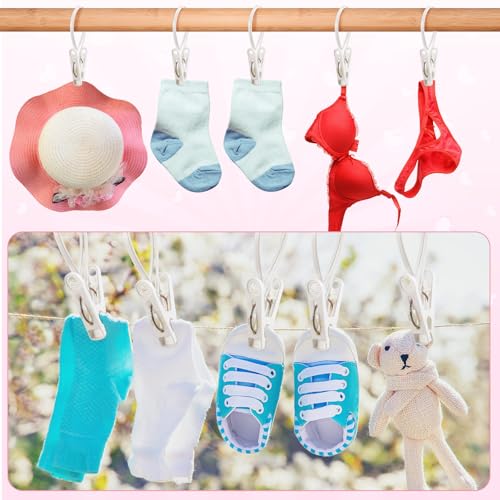 Honeydak 60 Pack Multi-Purpose Laundry Hooks Hanging Clips Bulk with Plastic Rope Hanger Clips for Baby Clothes Closet Organizer for Pants Hat Sock Boot Bra Towel Bathroom Wardrobe Kitchen, White - color: White