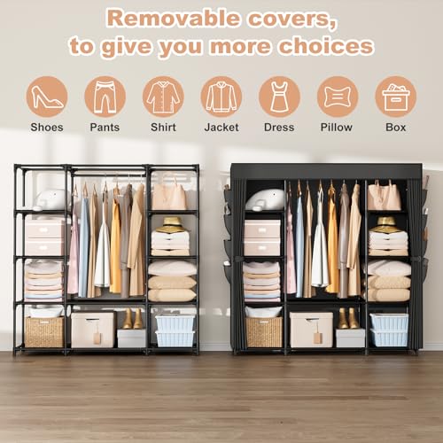 Portable Closet for Hanging Clothes 57.3 Inch Large Capacity Wardrobe Closet with Cover, 8 Pockets and 1 Hanging Rod, Easy Assembly Closet Organizer for Bedroom, Black