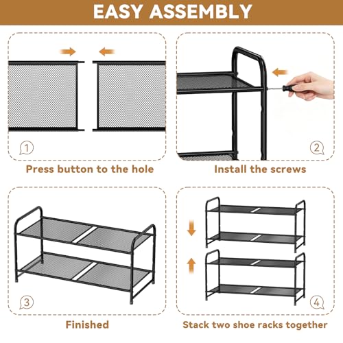 2 Tier Metal Shoe Rack, 27 Inch Wide Stackable Closet Shoe Organizer with Durable Mesh Shelves, Adjustable, Black - color: Black, size: 2 Tier