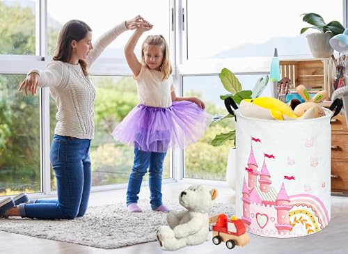 MAIZMZ Kids Hamper Pink Castle Storage Bins Organizer Toy Box Laundry Basket Large Canvas Collapsible Chest for Home/Dorm/Kitchen/Pet/Office/Closet/Shelf/Gift Baskets - color: castle pink