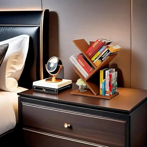 Godferyxin Tree Bookshelf,Small Bookshelf,3 Tier Wood Mini Book Shelf and Book Tree for Office, Home or School Desktop Book Shelf for for Displaying Books, CDs, Magazines Wood Storage Rack - color: 3-tier-teak Color