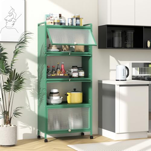 Giantex 5-Tier Kitchen Storage Cabinet, Mobile Microwave Stand with Flip-up PC Doors, Freestanding Kitchen Bakers Rack with 4 Rolling Casters, for Dining Room, Living Room and Study, Green - color: Green