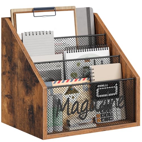 YATINEY Magazine Holder, Wood Magazine Rack Floor, Mail Organizer Countertop, Magazine Mail Holder Sorter, Record Holder for Magazines, Books, Newspapers, Tablets, Rustic Brown and Black MR02BR - color: Rustic Brown + Black