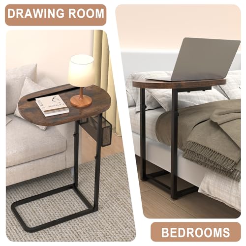Fashion TV Tray Table with Large Tabletop, Adjustable Sofa Table with Storage Baskets, Strong Metal Frame, Tv Dinner Tray Table for TV Watching, Meals, Snacks (Oval, Brown, 16.93inch x 12.6inch)