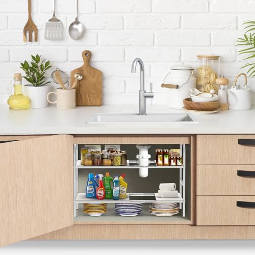 Expandable 2-Tier Under Sink Organizer, 8 Removable Plastic Boards, Tool-Free Installation (White, 2-Tier 8 Boards) - color: White, size: 2-TIER 8 Boards
