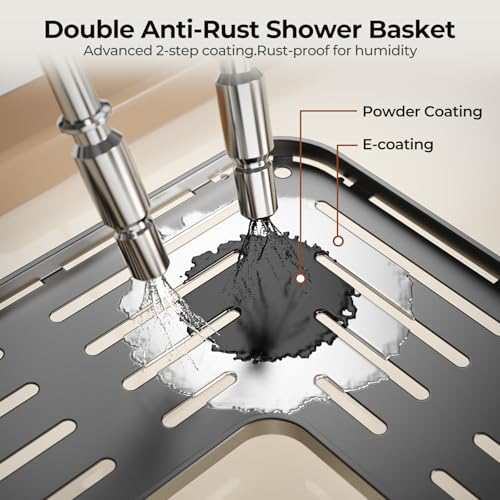 Orimade Rustproof 2 Tier Floor Standing Corner Shower Caddy Organizer with Toothbrush Holder, Large Spacing Floor Shower Shelf Rack Storage Stands with Hooks for Bathroom Kitchen, Black - color: Black, size: 2 Tier