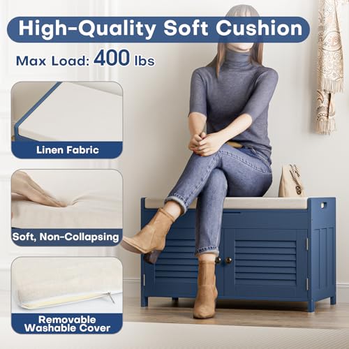 WARMHONIU Shoe Storage Bench with Lift Top Storage, Entryway Bench with Cushioned Seat, Adjustable Shelf, 2 Tier Shoe Rack with Doors for Entryway, Bedroom, Hallway, Mudroom, Blue - color: Blue, style: Lift Top Storage