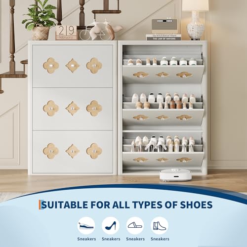 GarveeHome Shoe Storage Cabinet with 3 Flip Drawers, Narrow Wood Shoe Organizer Cabinet with Floral Pattern, Freestanding Slim Shoe Rack Cabinet with Adjustable Shelves, for Entryway, Hallway, White - color: Antique White, size: 3-Drawers