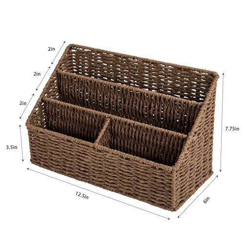 DINGTAI Woven Mail Organizer, Mail Organizer Countertop, Natural Tabletop Mail Holder, Rattan Desk Organizer, Boho Office Desk Accessories, Mail Basket for Bill Mail Papers Letters(Brown) - color: Brown