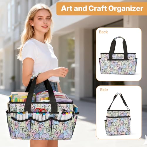 Craft Organizer Tote Bag, Art Organizer, Craft Caddy with Multiple Pockets, Storage Bag for Sewing Tools, Art Supplies, Home and Office (Cat Print) - color: Cat Print