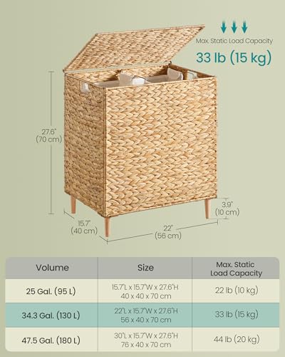 SONGMICS Laundry Hamper 2 Sections, 34.3 Gal. (130 L) Handwoven Water Hyacinth Wicker Laundry Basket with Lid, Natural Material, Removable Machine Washable Liners, Handles, Natural ULCB202Y01 - color: Natural, size: 130 L (Handwoven)