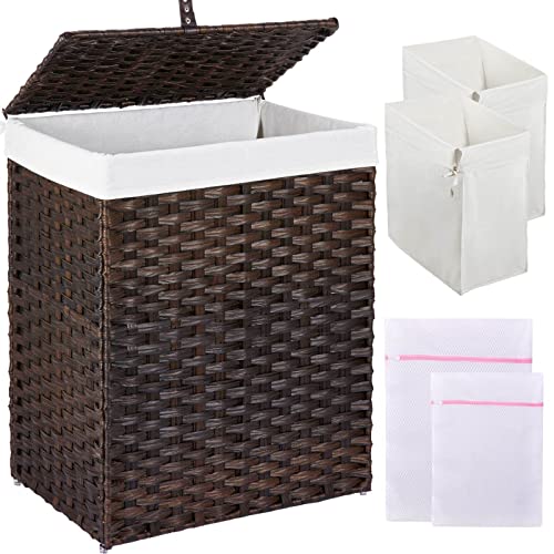 Greenstell Laundry Hamper with Lid, 90L Clothes Hamper with 2 Removable Liner Bags & 2 Mesh Laundry Bags, Handwoven Synthetic Rattan Laundry Basket for Clothes, Toys in Bathroom, Bedroom Brown - color: Brown, size: 90L (18.1 x 13.0 x 23.6 inches)
