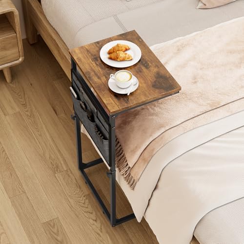 Vagusicc C Shaped End Table, Set of 2 Tall Side Table for Couch, Adjustable Height Small Couch Side Table for Small Spaces, End Table Slide Under Sofa Table TV Tray Arm Table for Living Room, Brown - color: Rustic Brown 2pc
