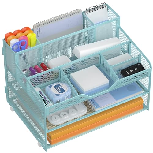 Docnest 3 Tier Mesh Desk Organizer for Paper Office Supplies – Multi-Functional Letter Tray with 5 Adjustable Compartments, 3 Pen Holders, Desktop Storage for Files, Mail, Stationery – Blue - color: Blue, size: 12.7" x 9.1" x 8.6"