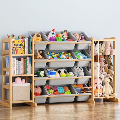Toy Storage Organizer with Bookshelf and Stuffed Animal Storage - Kids Playroom Organization with Shelves and 12 Toy Bins - Toddler Living Room Toy Box for Lego - Nursery Bedroom Decor Essentials - color: Grey, size: 55.2"W,3 Shelves,12 Bins
