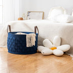 BOLDMONKEY Laundry Basket 20" x20 " x11.8 ",Extra Large Round Blanket Basket with Leather Handle, Felt Storage Basket for Living Room, Nursery, Dog Toys-Navy Blue - color: Navy Blue