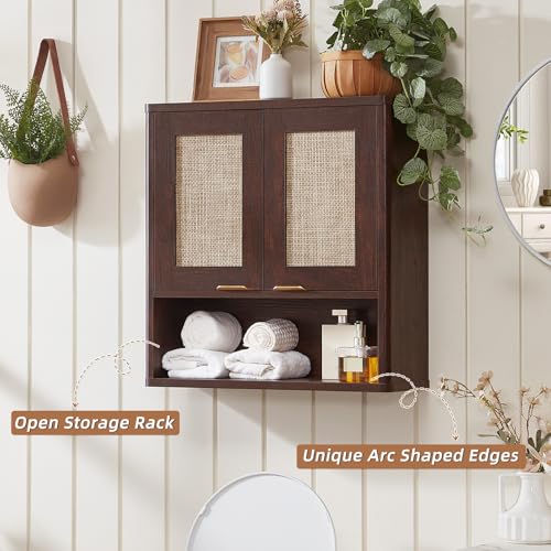LEYAOYAO Rattan Bathroom Wall Cabinet, Boho Medicine Cabinet with Adjustable Shelf & Doors, Over The Toilet Storage Cabinets Organizer for Laundry Room, Kitchen, Living Room, Walnut - color: Walnut, size: 7.7"D×23.5"W×24"H