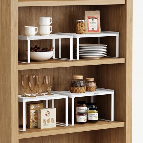 Goozii White Marble Kitchen Counter Shelf Organizer, Modern Dish Plate Organizer for Cabinet Space Saver, Small Wood Stackable 2 Tier Office Desktop Shelf Risers for Books Monitor - Set of 4 - color: White-Marble, size: Medium