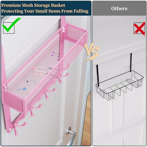 Consumest Over The Door Hooks Organizer - Over Door Hanger with 16 Hooks & 2 Baskets for Hanging Coat, Clothing, Towel, Back Storage for Bathroom, Closet, College Dorm, Pink - color: Pink-16 Hook 2 Basket, size: 2 Tier