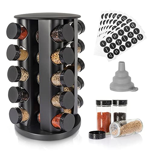 Tianifa Black Countertop Rotating Spice Rack, Round Empty 20-Jars Revolving Spice Rack Organizer, 135 Spice Labels with Funnel Complete Set, for Kitchen Countertop, Cabinet